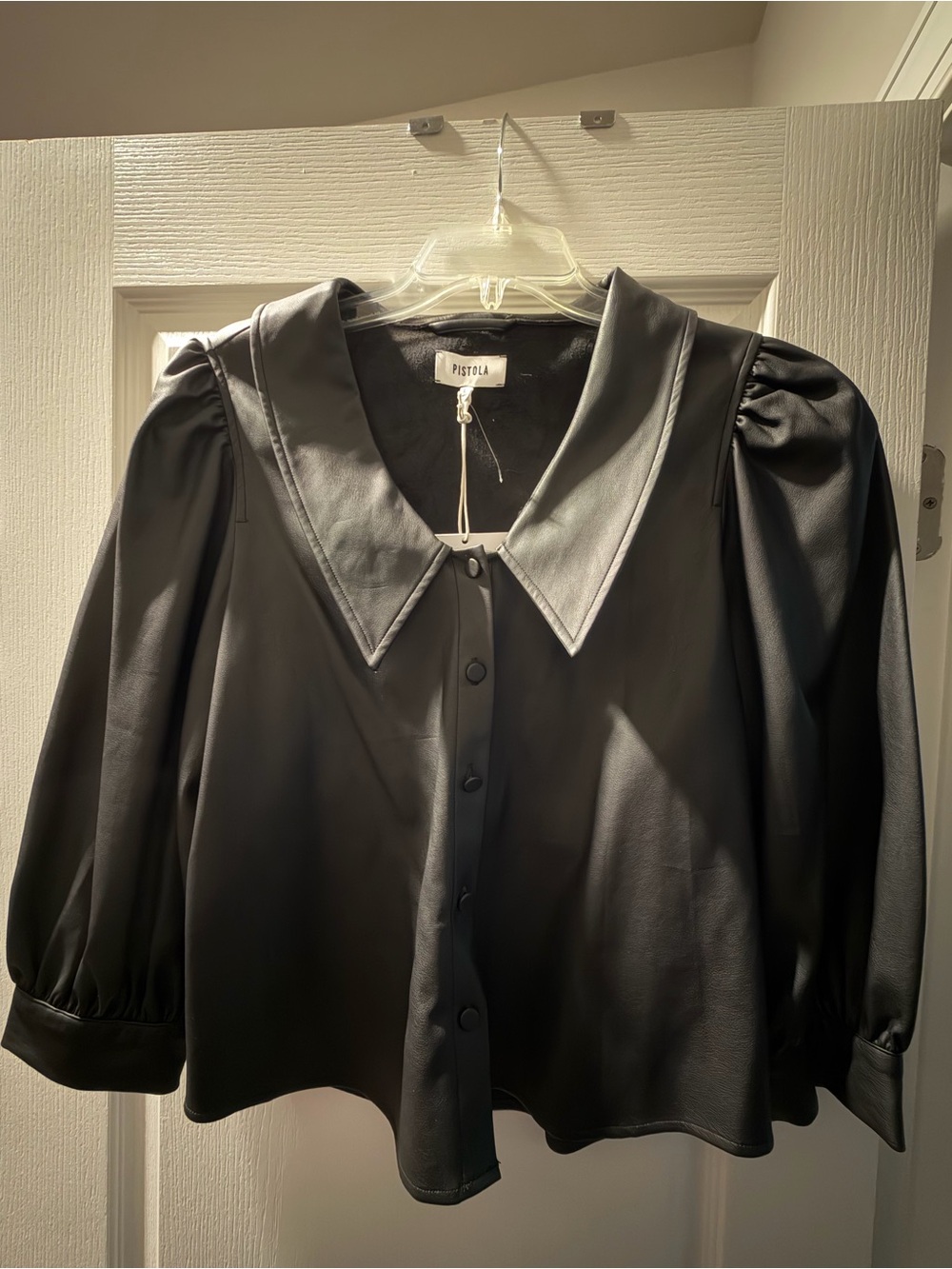 pistola Black Faux Leather Jacket Top with Pointed Collar